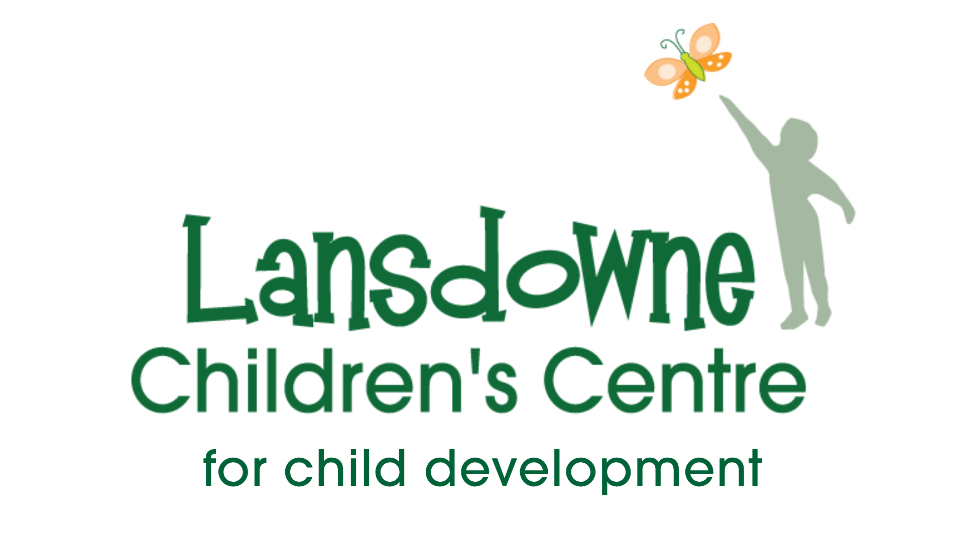 The Lansdowne Children's Centre logo features the organization's name written in green with an icon of a child reaching for a yellow butterfly off to the right.